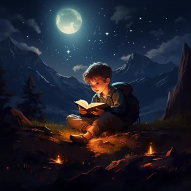 clipart little boy sitting on the ground outside in the mountains reading his bible with a flashlight in one hand shining on the book under the stars