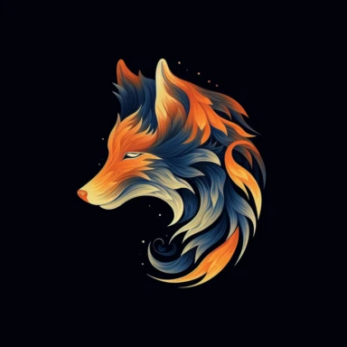 flat isolated clip art on a black background of an image of a fire fox with a tail and nose, in the style of dark indigo and orange, minimalist painter, stephen shortridge, high speed sync, japanese minimalism, serge marshennikov, joel robison