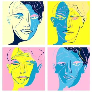 face illustration cartoon portraits face line illustration human face clipart silhouette, in the style of pink and azure, pop art style, handsome, light yellow and light navy, vibrant figurative expressionism
