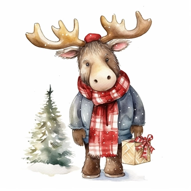 Watercolor, cute Christmas moose, with a red hat, coat and sack of gifts, PNG, winter, nursery, cartoon, highly detailed, watercolor, very high details, white background, clipart style