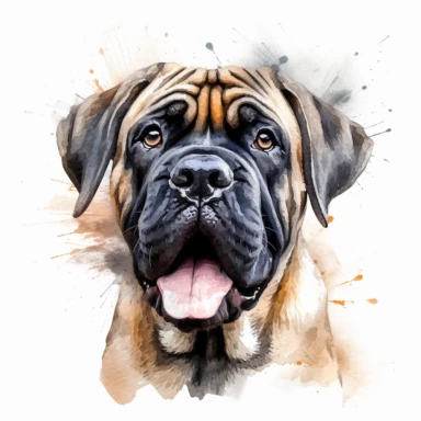 cute English Mastiff dog portrait, full face, centered shot, side shot, dynamically posed, in action, playful mood, happy mood, playing mood, cute face, adorable smile, childlike eyes, clean watercolor illustration, white background, nursery baby imagery, painting, detailed, 8k, PNG, clipart,