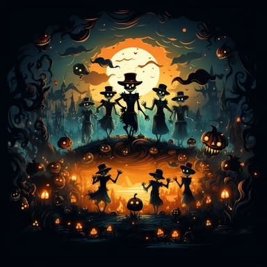 Spooky Skeleton Dance - A vibrant depicting whimsical skeletons in different dance poses, set against a backdrop of moonlit cemetery and twinkling stars, creating a playful and festive Halloween mood.vector, clipart