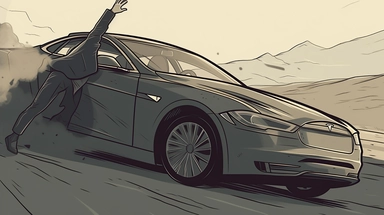 a Tesla car run over a man and leave him about to fall .shown in a close scene view while the car passing by+horizontal images aspects + dark color tones+old drawing details+ vintage drawing style ,clipart drawing, clipart image, medium definition drawing, clean colors, balanced colors,