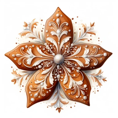 A isolated watercolor clipart, Christmas hand made gingerbread, snowflakes,white background, Art Nouveau, highly detailed,
