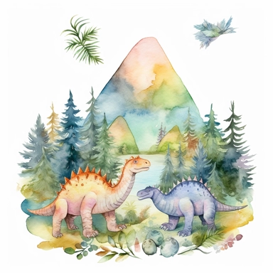 friendly, fluffy watercolor dinosaurs clipart, in mountains, forest, separated, seamless, transparent background--AR 3:2