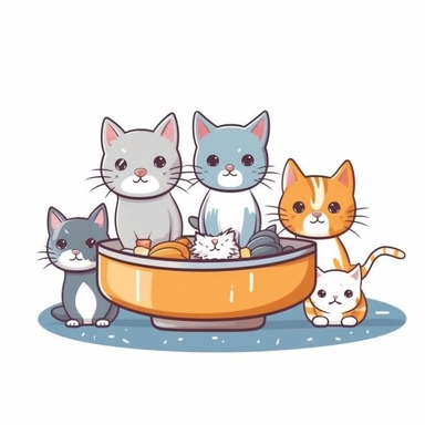 a playful group of cats walking towards a bowl of food, cats should be of various species, the bowl of food should be on an windowsill, the window should be open. Image should be surrounded by a clean white background, clipart style with well defined lines
