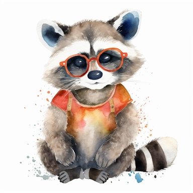 watercolor clipart of A funny raccoon, pixar style, vivid colors, white background