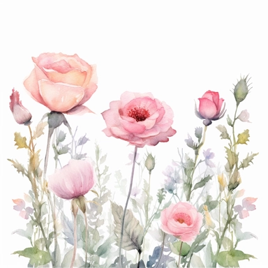 enchanted rose FIELD clipart, roses to be dusty pink WATERCOLOR HAND PAINTED clipart, WATERCOLOR AIRY PASTEL COLORS, VISIBLE WATERCOLOR BRUSH TOUCHES, WATERCOLOR SPLASHESD, DREAMY AND ELEGANT, CLASSIC DREAMY FLOWERS, white background, simple white background