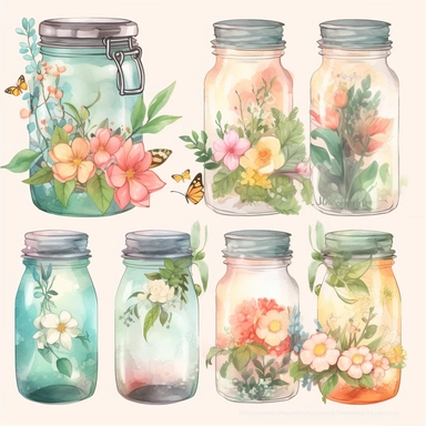 watercolor 1 dozen jars, decorated with flowers, plants, leaves, inserted into glass jars vividly bold designs png Full body realistic cartoon in 32K UHD cute. 15 cm thick outline. Black color. There was no shadow on the ground. 8k with realistic watercolors. and detailed illustrations. PNG clipart, transparent white background