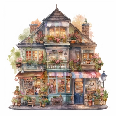 a very cute toy shop with lots of toys , clipart, exterior view, cozy, flowers, luminious, dramatic lighting, super detailed, daytime, Thomas Kinkade style, watercolor, 8k, on isolated white background