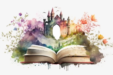 Watercolor Fantasy Books Clipart, Open Book Clip Art, old books, Magic Books, hd, on white background, no text, magical, flowers, castle, house