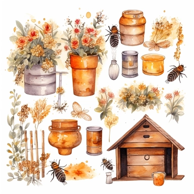 Watercolor boho backyard beekeeping , illustrations clipart set, simple, soft colors, cartoon elements, different variants, beekeeping related items, beehives, beecomb, bees separate elements with a margin