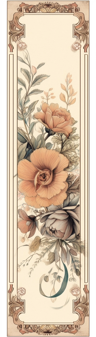 vintage inspired printable rectangle label with intricate sepia colored borders and hand drawn details. detailed with soft watercolor flowers at top edge only. No text. Isolated clipart on solid white background