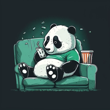 illustration for t-shirt, cartoon, clipart, panda bear lying on a couch, watching TV, looking tired and lazy