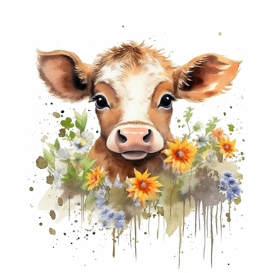 Innocent adorable baby cow with big cute eyes, in grass and wildflowers, boho style, so sweet and cute, so so so cute, freaking adorable, isolated on white background, watercolor clip art, hard edges, smooth, cartoon