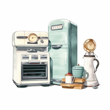 beautiful vintage old hollywood home appliances, paint art style, clipart, white background, superrealistic, one of a kind