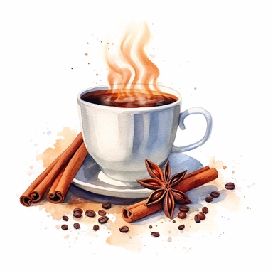 realistic high detailed watercolor steaming coffee cup with a cinnamon stick and star anise clipart, white background,