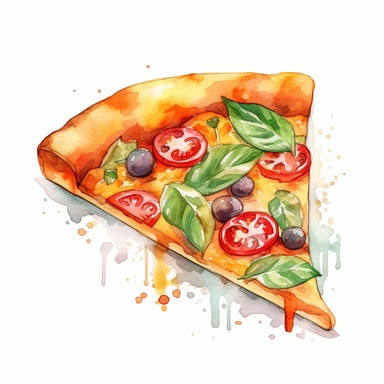 Tasty Pizza Slice Watercolor: A mouthwatering watercolor clipart featuring a delicious slice of pizza, topped with vibrant tomatoes, cheese, and basil. (Watercolor, no background)