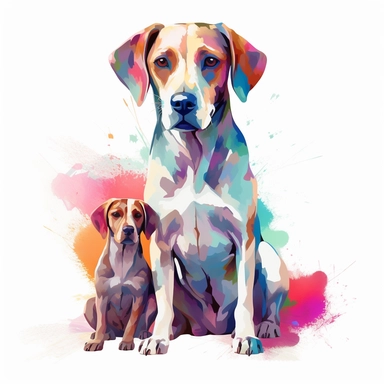 adult female dog with baby dog, clipart, bright colors, isolated white background