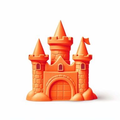 orange sand castle plastic beach toy mold, bright color, minimilist illustration, clip art, kid friendly, white background, gouache painting