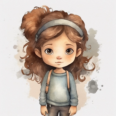 watercolour clipart of a girl, with crazy brown hair, blue-gray eyes, the sweet and scatterbrained dreamer, with a great sense of humor. She immerses herself in the world of digital design, creating exquisite papers for scrapbook albums. Though she may often forget things, her delicate touch and gentle nature shine through her artistry, make her smiling, exalted mood, white background, 8k, f1
