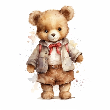 watercolor , character cute dressed baby teddy bear, clipart, vector, on white background, 8k