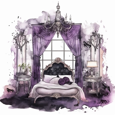 Gothic style bedroom with watercolor effect, suitable for digital clipart, white background, gothic scene, gothic colors, gothic tools, gothic roses, skull, dark scene