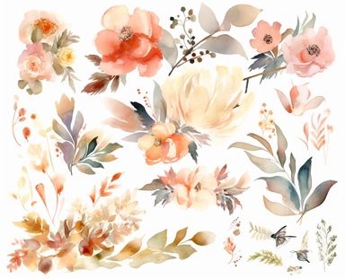 watercolor flower clip art for april, in the style of dreamlike composition, ethereal foliage, luxurious fabrics, pictorial dreams, beige, use of bright colors, poetic pastoral scenes