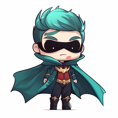 zeeb labs art style boy, super hero, tiny chibi body with teal suit, crown, Mask, smerk, super long cape, clipart, sticker, no background, hd