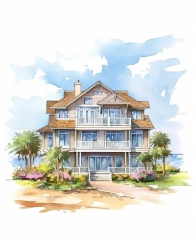 Watercolor clipart huge beach house, wide angle, long shot, realistic, isolated on white background