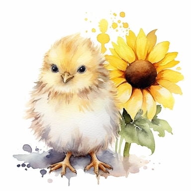 Watercolor Sunflower Clipart Cute baby chick with Sunflowers, White Background, no text