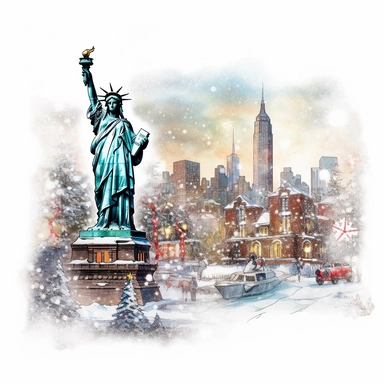 Christmas eve in New York, style by Thomas Kinkade, statue of liberty in background, watercolor, smooth gradients, black contour outline, ultra detailed, clipart elements, vibrant colors, solid white background, super clear, high quality