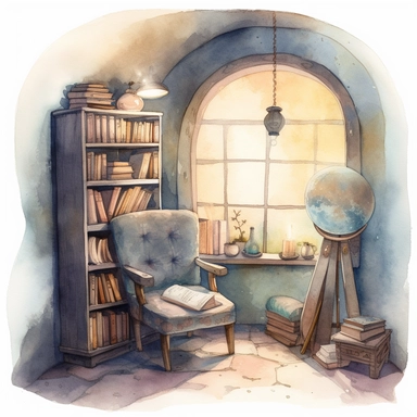 watercolour vintage reading nook in a corner of a room, the area is dark and next to a window through which you can see the moon glowing, soft light illuminates the area, the scene has a fantasy magical feeling about it with lots of small piles of books, a whimsical png image that can be used as clipart with white around the edges
