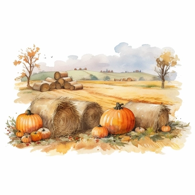 picturesque scene, pumpkins and hay bales, clipart on white background, watercolor style, autumn vibes, high detail high quality 8k, painted by Beatrix Potter