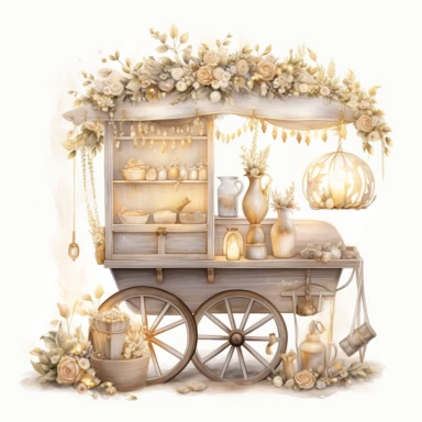 illustrations: evening scene, wedding cart, filed with wedding accessories decorated with Outdoor String Lights, in the style of mandy disher, gold and cream, light silver and bronze, claudia tremblay, soft realistic watercolours, resin, wiesław wałkuski, clipart