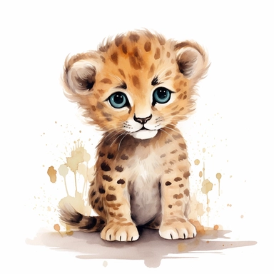 a cute baby leopard with kind eyes clipart with watercolor illustration,full body shot,8k,etsy style, white background