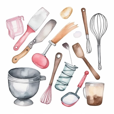 basic watercolor baking tools in minimal hand drawn style, Etsy, textured, clipart, white background