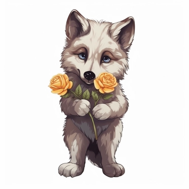 Cute Beautiful wolf holding a flower Sublimation Clipart, full body, Cartoon, hyper realistic, intricate detail, 8k, ultra high definition, illustration style, high solution, sharp and clear thik outlines, solid white background, upscale to max