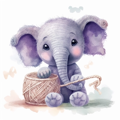 Create a watercolor illustration clipart of a playful cute Baby Elephant Doing crochet, with its full body visible. Use soft, flowing brushstrokes and a warm, inviting color palette to create an image that is both charming and whimsical. Incorporate intricate details like the motion of Baby Elephant Doing crochet to create a lifelike, realistic image. Can add other elements to the illustration like related item to play to create playful scene. Use white background to allow the watercolor texture