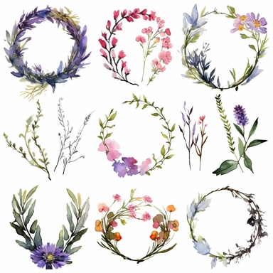 Watercolor Clipart, Botanical Wild Flowers Clipart, wild flower wreaths clip art, Watercolor Rustic Clipart, Elegant Blooms