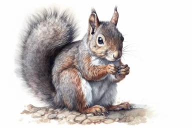 A highly detailed watercolor clipart of an isolated squirrel, by Laura Harris, watercolor specialist, realistic texture, detailed brushwork, high-resolution 300 dpi, nature-inspired art, intricate artwork, fine art quality, animal portrait, botanical art, isolated on white