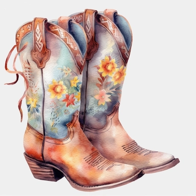 White background, Cowboy boots, clipart, Cowboy hat on shoes, pastel