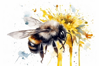 Aquarelle Bumble Bee Clipart On a Dandelion Flower, detailed painting, white background, single design, isolated white background, 8k, spaced out