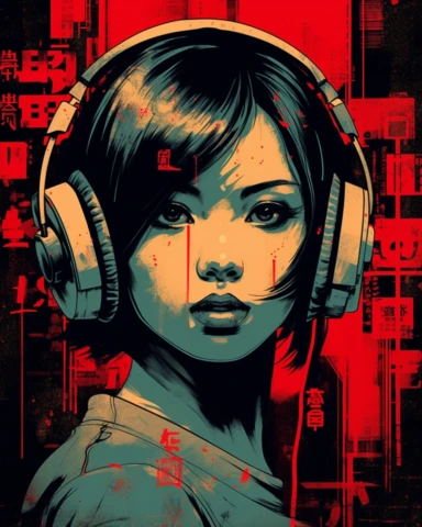 a newspaper clip art illustration with a red eye for an asian woman wearing headphones, in the style of large-scale murals, dark palette chiaroscuro, movie poster, mori kei, captivating documentary photos