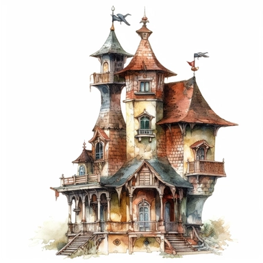 beautiful , sharp focus, no blur, artists rendition,intricate detail, high resolution, watercolor birdhouse victorian castle clipart, white background,