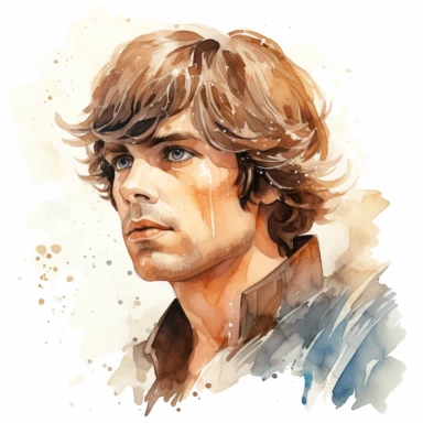 A whimsical, classy, creative profile drawing of a young Luke Skywalker of Star Wars, Watercolor Clipart,comic, strybk, full Illustration, 4k, sharp focus, watercolor, smooth soft skin, symmetrical, soft lighting, detailed face, concept art, muted colors, watercolor style, strybk, children's style fairy tales, chibi kawaii, . Octane rendering, 3d. Perfect face, detailed face, delicate face, perfect sharp lips, detailed eyes. Craig Davison, Aubrey Beardsley, Conrad Roset, Aikut Aidogdu, Agnes Cec