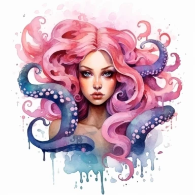 watercolor hyper detailed half woman half octopus clip art