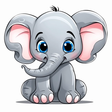 cute cartoon elephant drawing, big eyes, illustration clipart, detailed, black outline, white background, digital art