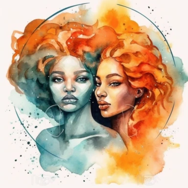 beautiful clipart watercolor of Gemini zodiac sign using nubian queen as image bright colors with white background no words or letters