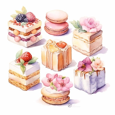 high detail watercolor pastel clipart white background petit fours with floral accents